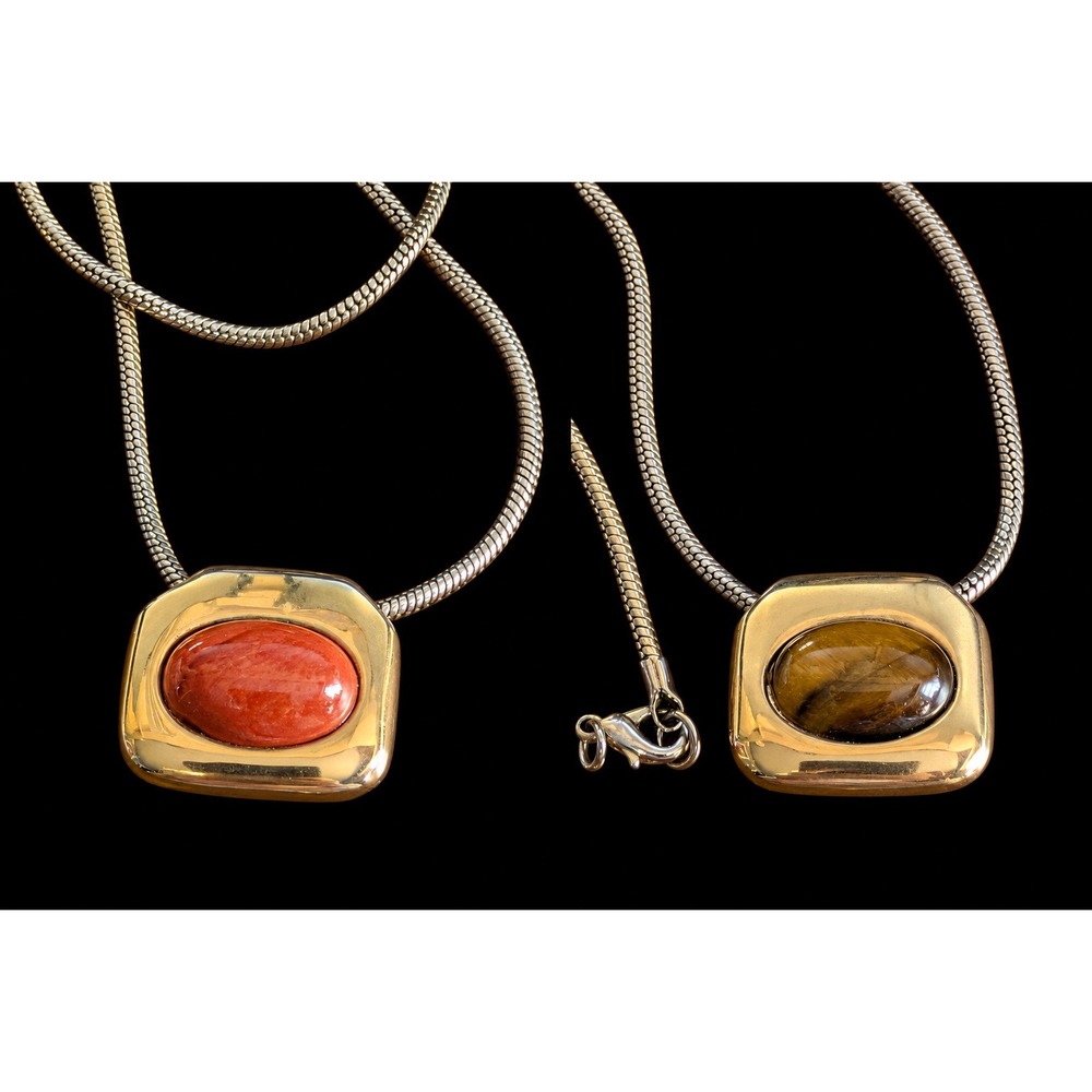 Vintage Reversible Pendant Necklace Gold Tone Tigers Eye Red Jasper Stone